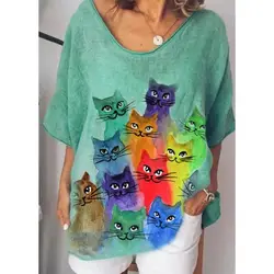 V-neck Versatile Casual T-shirt With Colorful Cat Pattern For Women's Fun Cat Short Sleeved Top Gift Cartoon T-shirt Loose Fit