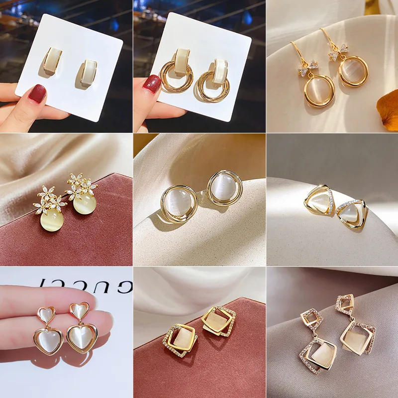 New Luxury Zircon Water Drop Earrings for Women Korean Fashion Rhinestone Opal Flower Geometrical Earring Girl Unusual Jewelry