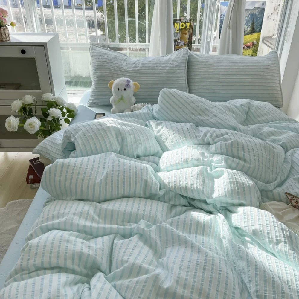 Korean INS Cream Style Bedding Set Solid Color Soft Bed Flat Sheet Pillowcase Adult Single Twin Full Queen Size Duvet Cover Sets