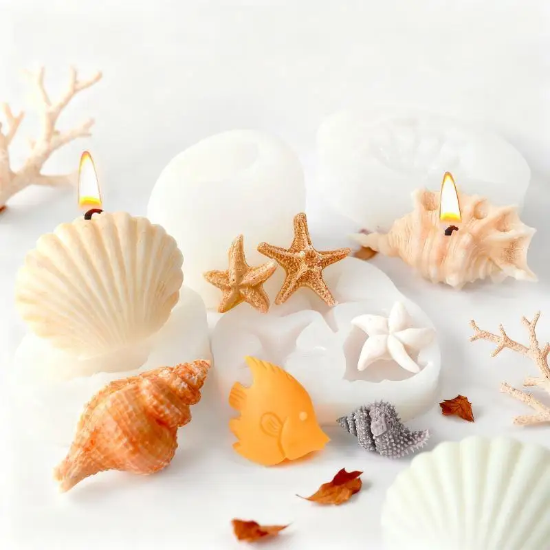 3D Ocean Sea Creature Silicone Mold Shell Starfish Conch Design for DIY Handmade Scented Candle Home Decoration Making
