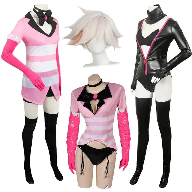 

Angel Dust Cosplay Fantasy Wigs Cartoon Hell Inn Disguise Costume Gloves Bow Tie Pink Outfit Women Halloween Roleplay Cloth