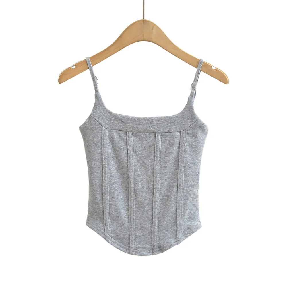 부드러운 패딩 여성 조끼, 아름다운 등라인, 단색 민소매 캐미솔, 섹시한 소녀 스타일, 면 슬림 크롭탑, 여름용