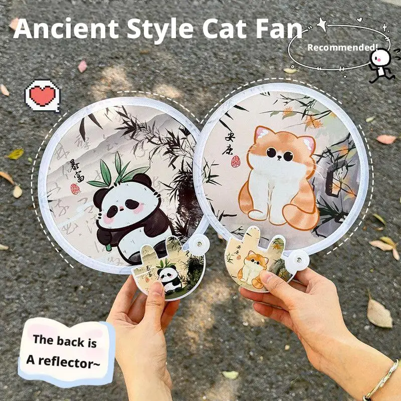 Lovely Cat Folding Hand Fan, Portable 2-in-1 Lucky Cat Foldable Reflector Fan Lightweight Handheld Fan for Summer Cooling Travel