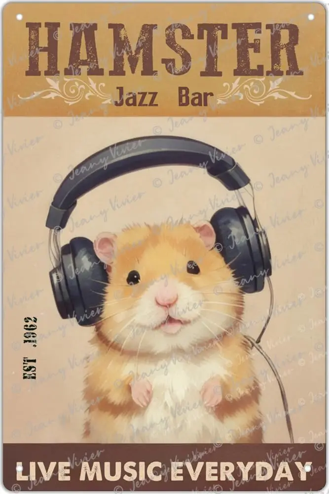 Hamster Headphone Co Live Music Everyday Poster Vintage Metal Tin Signs Funny Hamster Poster for Home Kitchen Bathroom Coffee Ba
