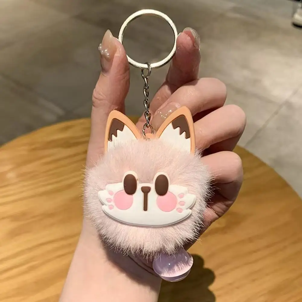 Soft Plush Keychain Furry Fox Face Keychain Pendant with Bell Pink Paw Print Plush Keyring Cute Cat Bag Charm for Handbags
