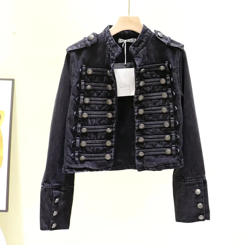 Spring Women Stand Collar Double Breasted Denim Jacket Autumn Slim Short Jeans Jacket Black Long-sleeve Female Cardigan Coat