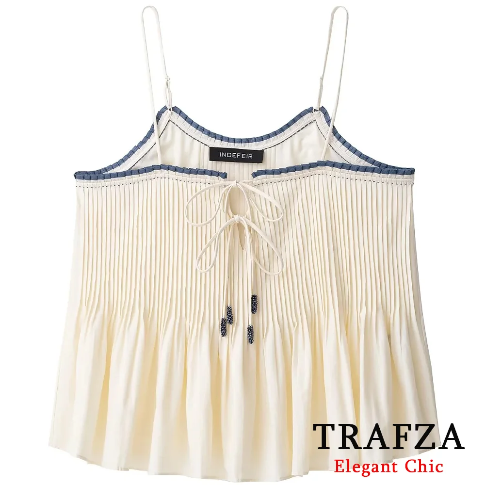 

TRAFZA Lady Cute Elegant Halter Top Pleated Lace-up Cami Tops 2025 New Summer Fashion High Street Romantic Women Slim Tops