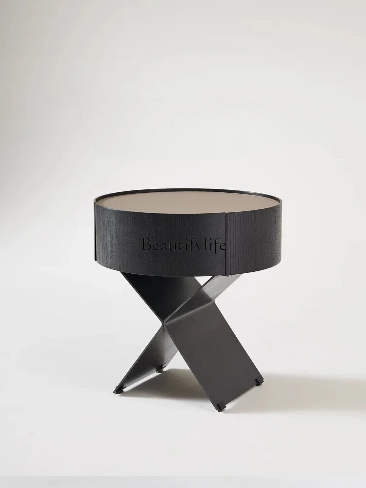 

FG10**Italian minimalist saddle leather bedside table creative round bedside storage solid wood high-end side cabinet