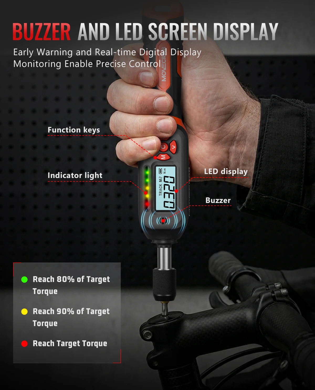 MOVECRAB Digitaler Drehmomentschraubendreher-Satz mit Summer/LED/Vibrationsalarm für Fahrradreparatur, Werkzeuge, Wartung und DIY – Detail 2