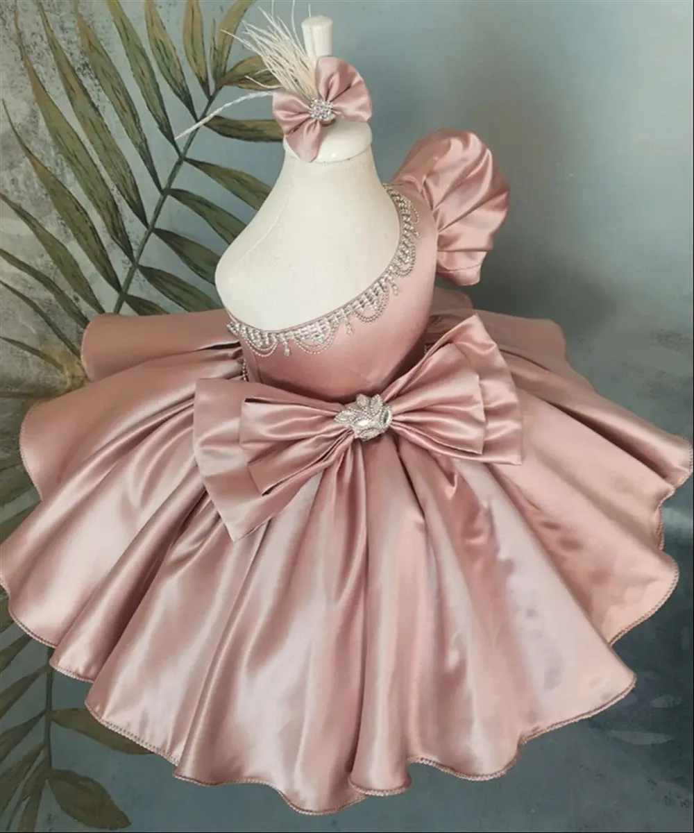 

Customized Pink One Shoulder Flower Girl Wedding Dress Beaded Satin Princess Birthday Party First Holy Communion Ball Gown