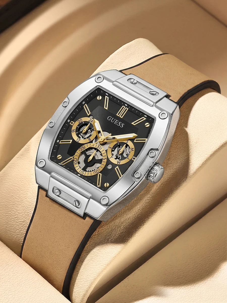 Reloj GUESS Tonneau para Hombre, Esfera Negra Esqueleto, Engranaje Dorado, Multifunción, Correa de Cuero, Caja Plateada con Tornillos, Cuarzo, Moda Urbana, Regalo