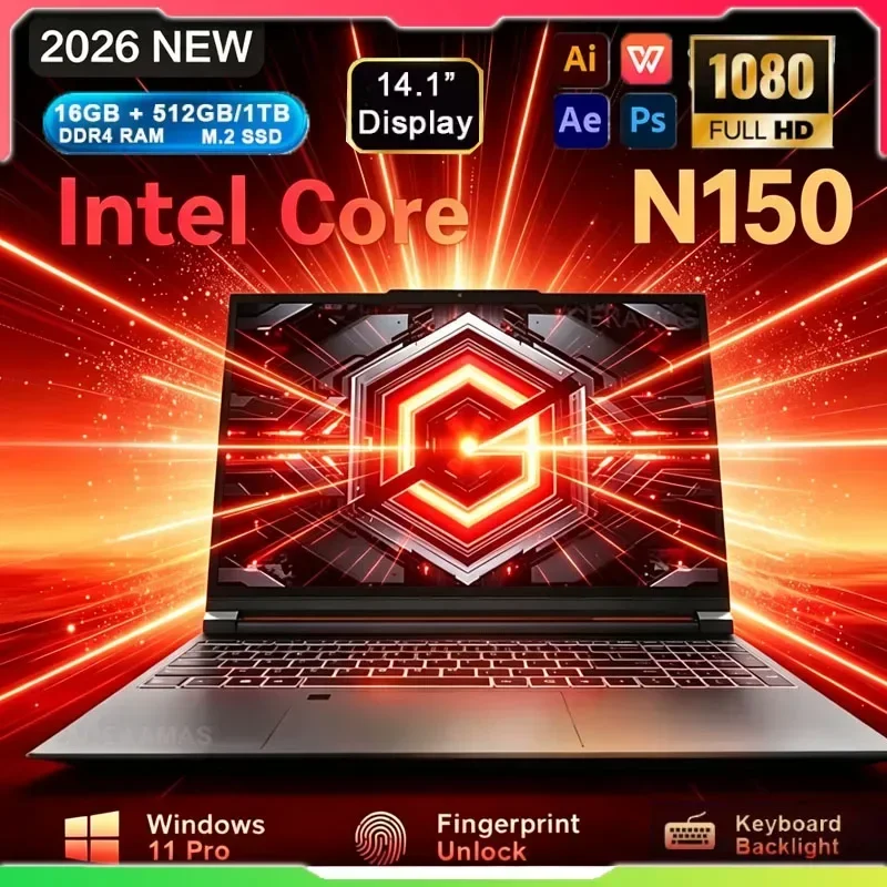 2026 14.1" 120Hz FHD IPS Notebook Intel N150 32GB RAM 2TB SSD Backlit Keyboard Win11 Ultra Thin Laptop