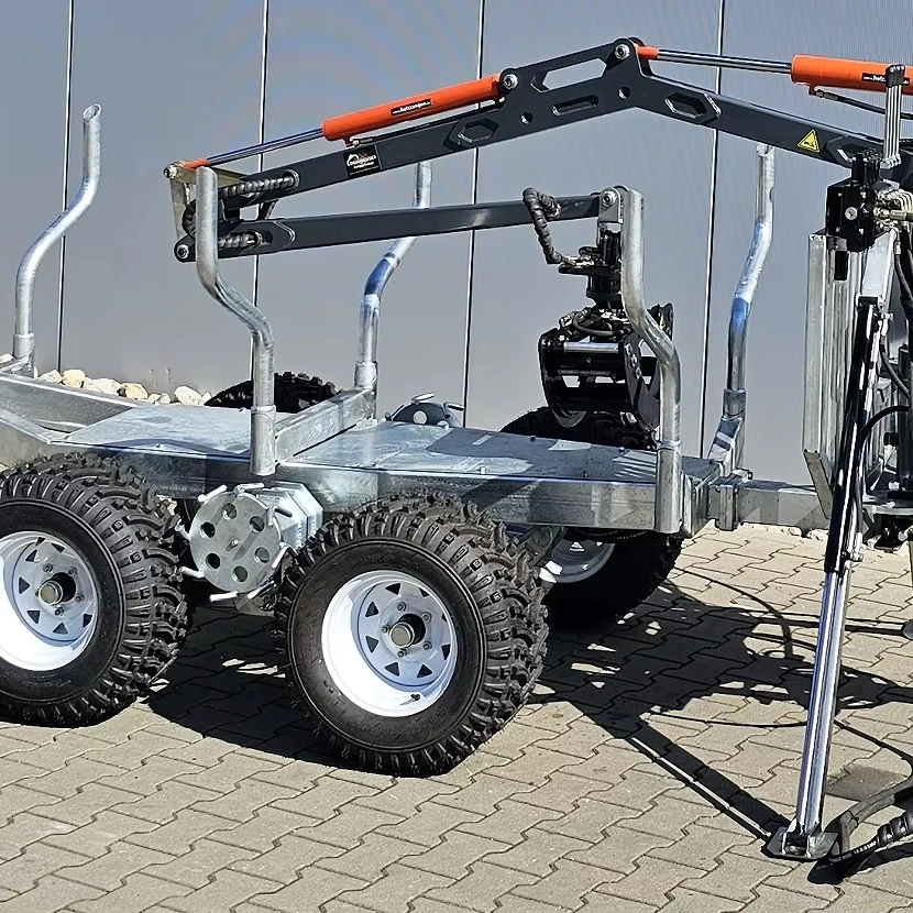 Gas Powered ATV Timber Trailer, Hydraulic Crane Log Splitter with Motor Pump, IoT Forestry Machinery with 1 Year Warranty