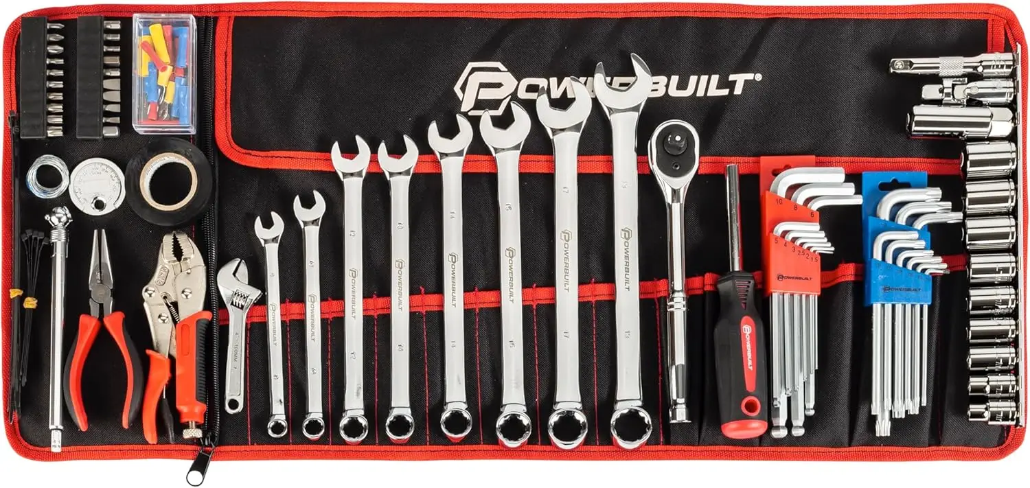 

100 Piece Motorcycle Tool Kit with Roll Pouch, Roadside, Travel Wrenches, Ratchet, Sockets - 643028ECE