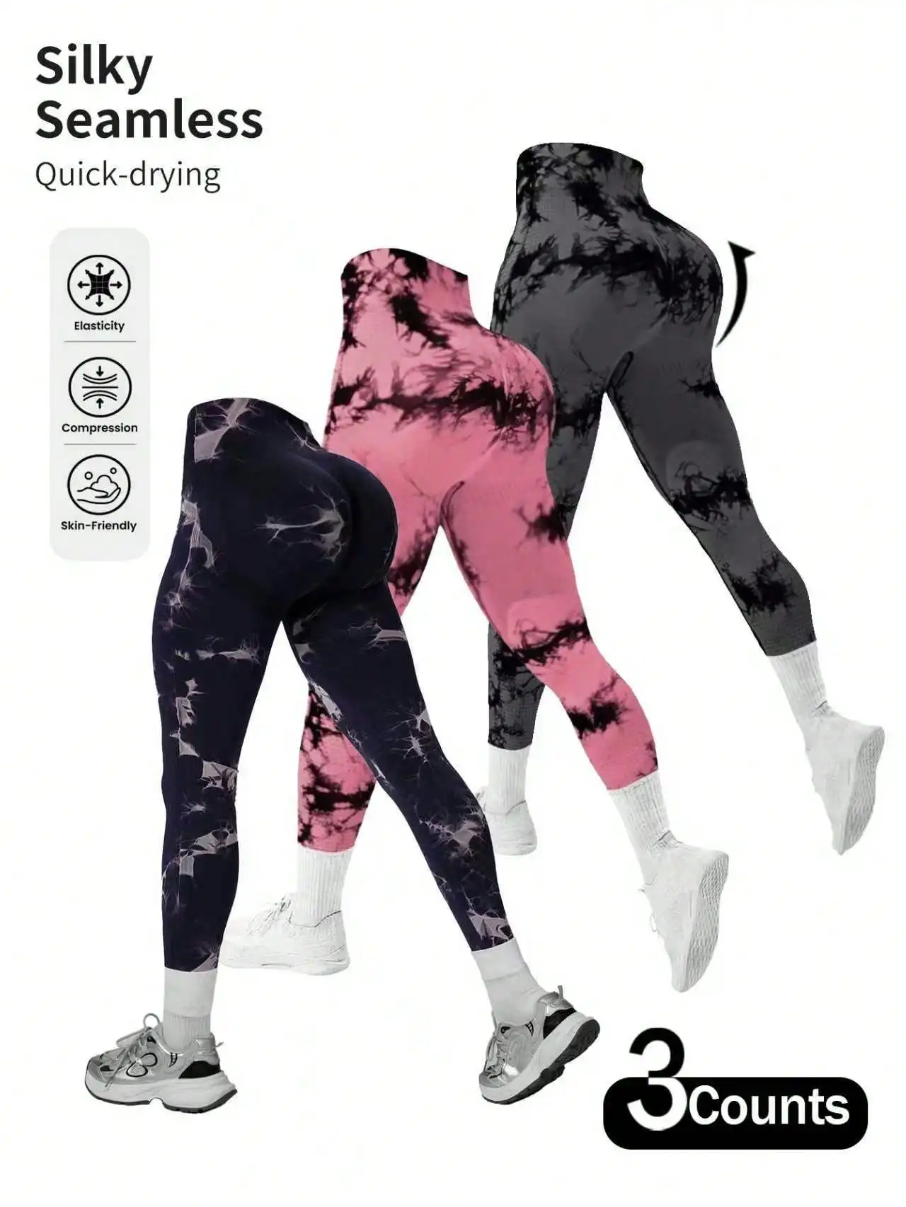 

3pcs Women's High-waisted Seamless Tie-Dyed Sports Leggings,Lift the Buttocks and Slim the Legs Yoga Leggings