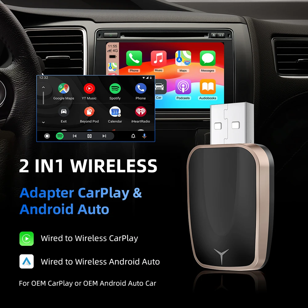 Wireless Carplay Adapter Android Auto 2in 1 Smart Dongle 2025 5G WIFI For iphone Android Phone For Volvo Benz Mg Kia Chery VW