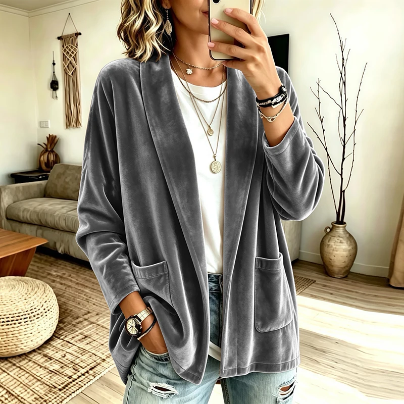 Women's Casual Jacket Velvet Blazer Lightweight Comfortable Open Front Casual Solid Color Casual Cardigan Lady Jacket Party Top