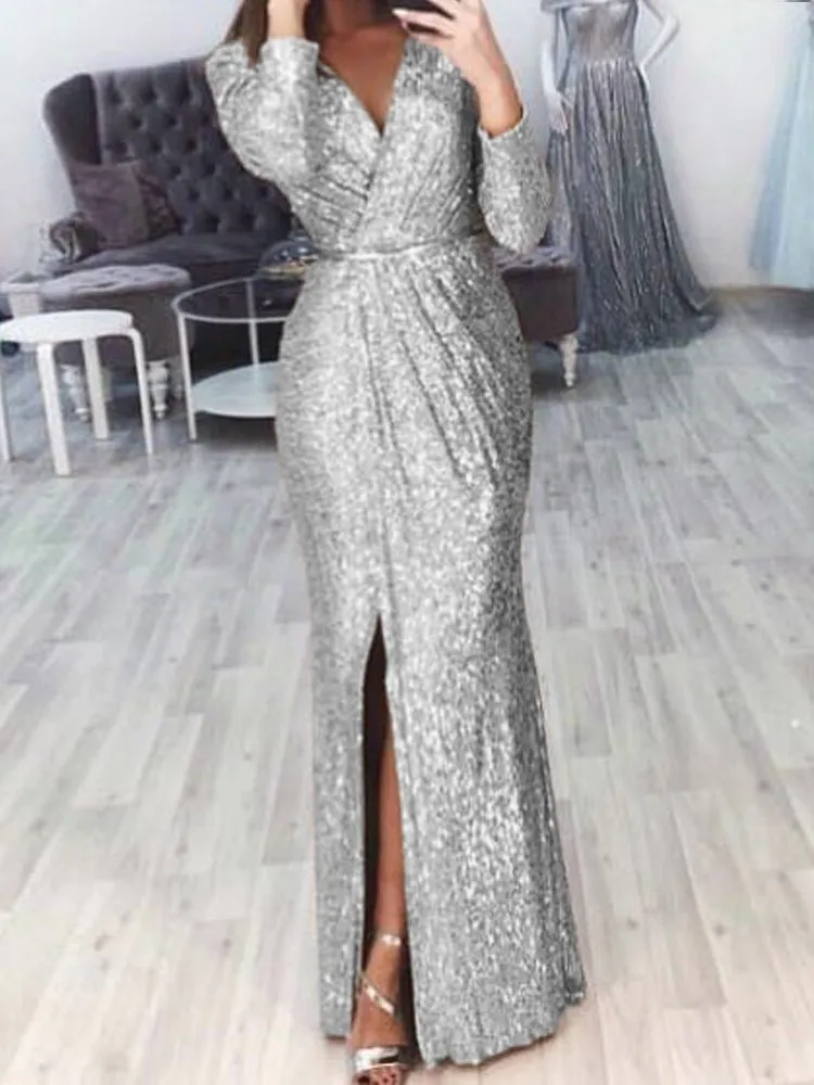 

Women's Sequin High Slit Party Dresses Ruched Evening Glitter Dress Deep V Neck Long Sleeve Vestidos 2025 Autumn Female New Robe