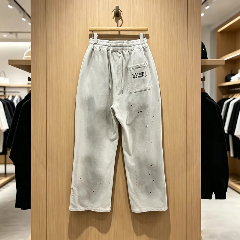 Stain Satoshi Nakamoto Splashing Ink Sweatpants Men Women Vintage Wash Hole Damaged White Track Pants Loose Drawstring Trousers