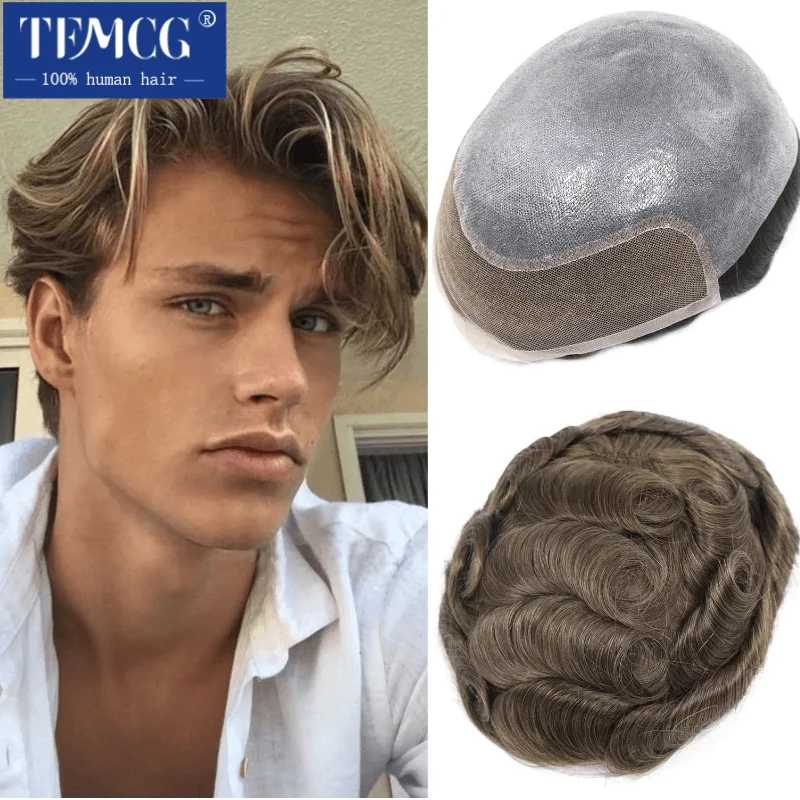 Rambut palsu pria toupee 8x10 BIO Swiss Lace dengan alas PU, 100% rambut manusia, prostesis rambut pria, garis rambut alami, unit pengganti rambut pria