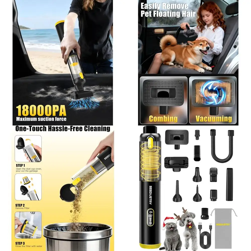 Portable Mini Car Vacuum Cleaner with 18000pa Suction, 6 Multi-Purpose Nozzles for Cars, Pets, and Home