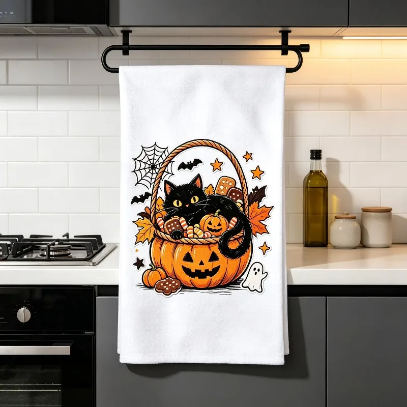 Pack of 1, Halloween Pumpkin Basket Black Cat Creative Printed Multi-purpose Kitchen Towel, Soft Absorbent Household Tea Towel