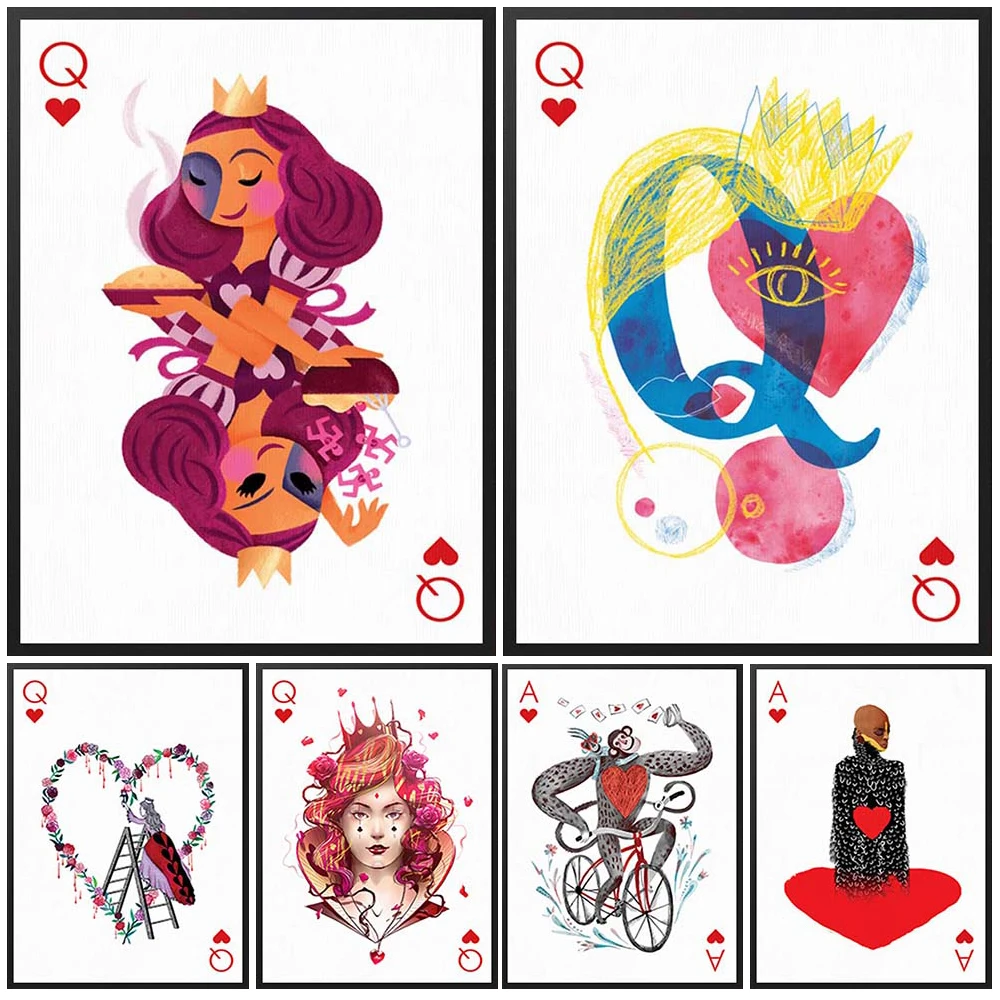 

Playing Cards Cartoon Queen Poker Nordic Poster Wall Art Canvas Painting Wall Pictures For Living Room Home Decor Unframed