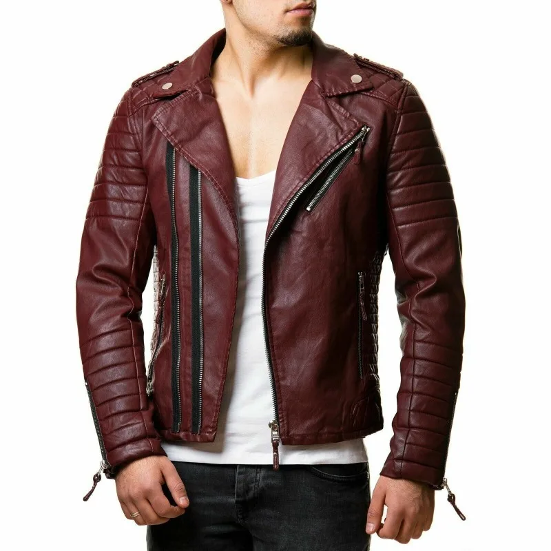 Men's Leather Jacket Motorcycle Bomber Biker Burgundy Leather Jacket Men Fashion Trend