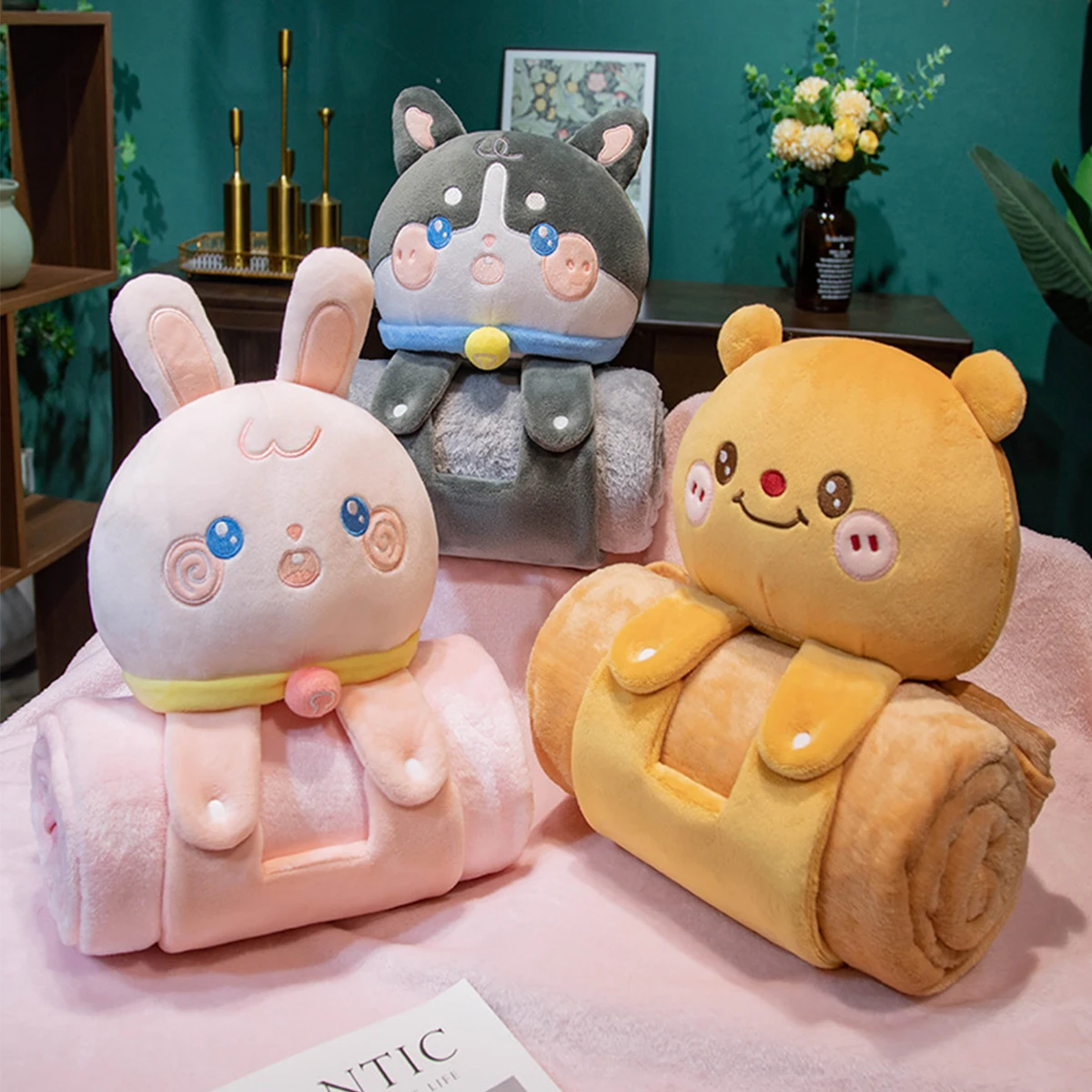 Cute Animal Plush Pillow Blanket 2‑in‑1, Soft Foldable Throw Blanket for Office Travel Home Nap Pillow Camping Essential