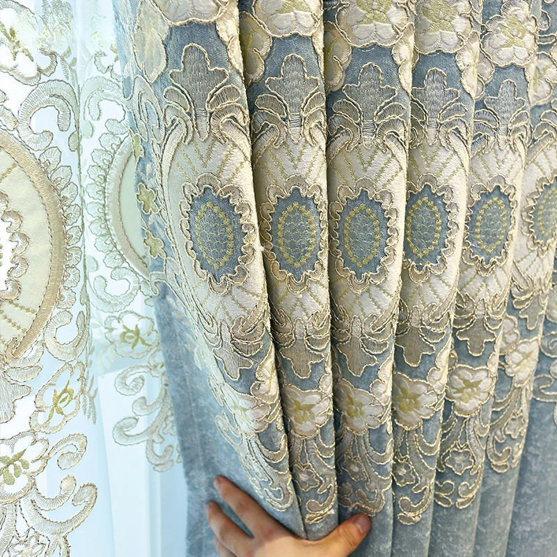 2023 New European Style Simple Gold Thread Embroidered Curtains for Living Room Bedroom Study Blackout Curtain Customization