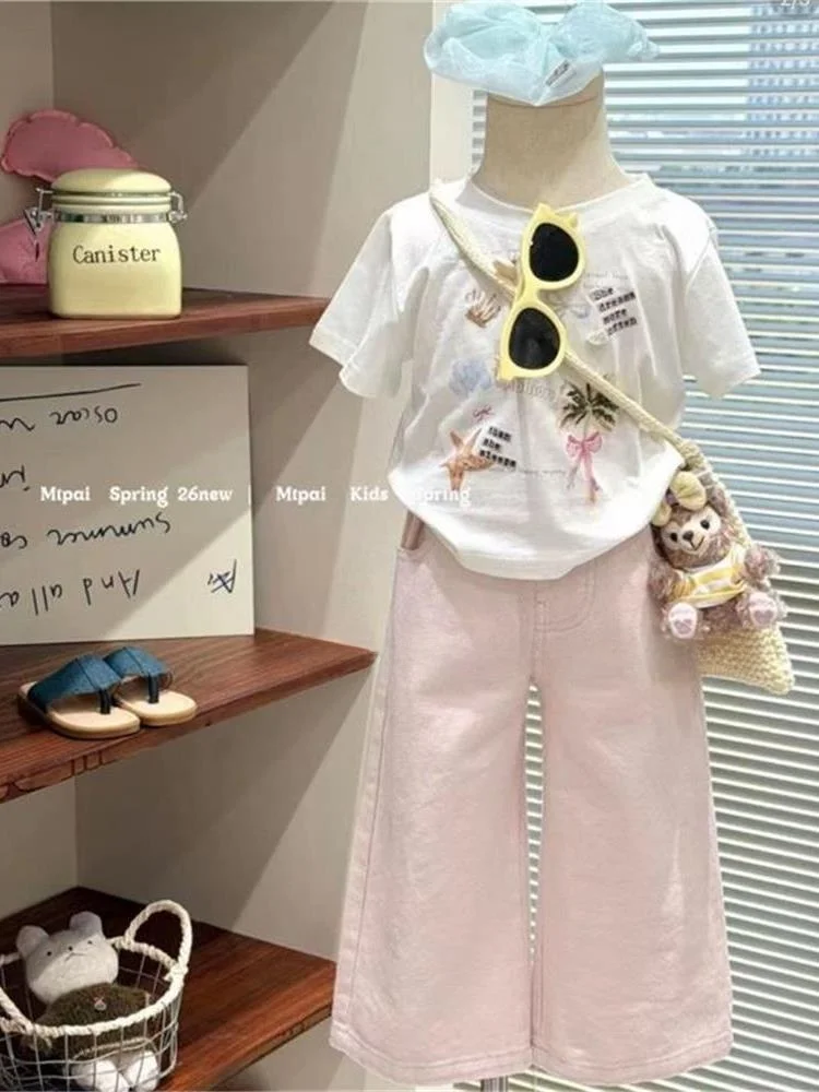 韓国風女の子夏服半袖プリントtシャツとピンクデニムパンツのツーピースセット子供服アンサンブル