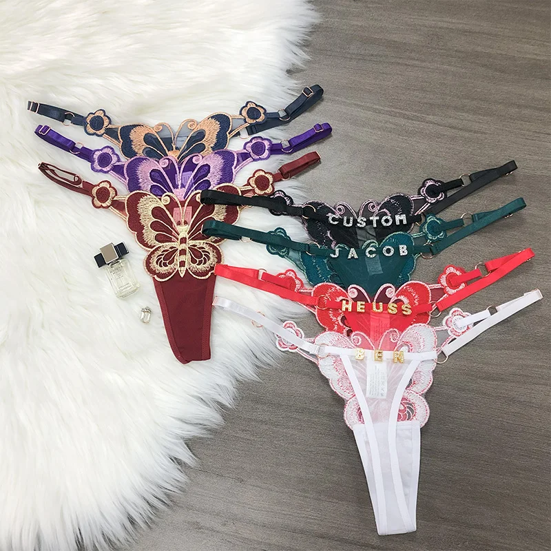 Customized Letters Sex Lace Thong Femme Butterfly Low Waist Panties G- Strings Underwear Adjustable Waist Panties Hot Wife Gift