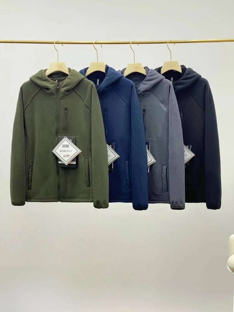 

Outdoor High-End Fce Lined Hooded Jaet Men's Thi Warm Casual Coat Trendy Stand Fit Long Sve Zipper Closure