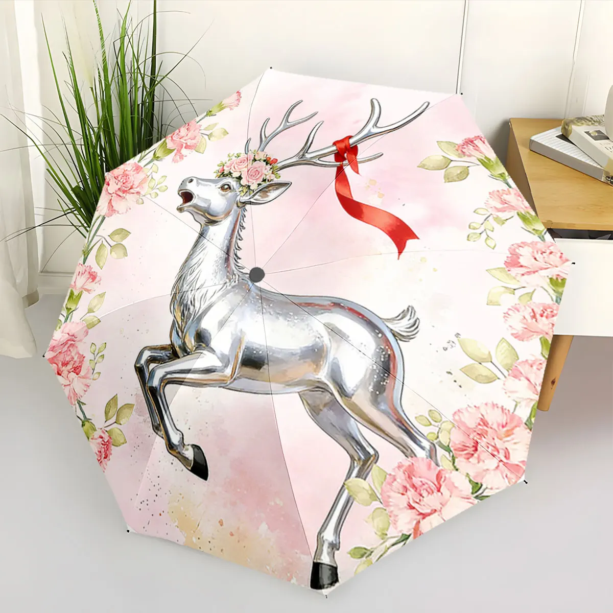 1PC Enchanted Deer Umbrella with Floral Design Print 8 Iron Ribs Folding Umbrella Auto-Open Fashion Sunshade
