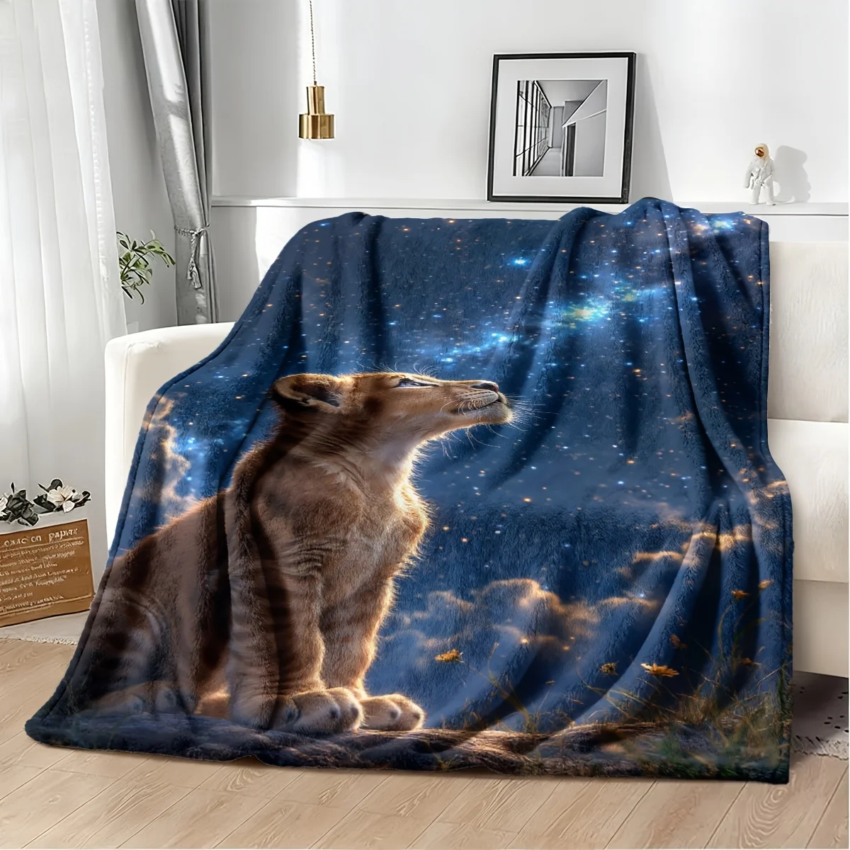 Luxury Lion Galaxy Print Throw Blanket 150x230cm Cozy Celestial Night Sky Jungle Animal Bed Throw for Sofa Gift