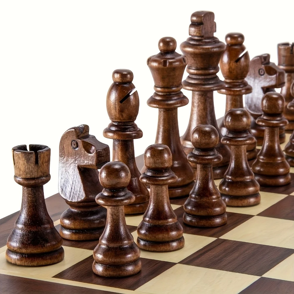 Premium 32pcs Large Wooden Chess Set - Smooth Finish, Classic Design, for Board Games & Tabletop Fun- Beige & Dark Brown