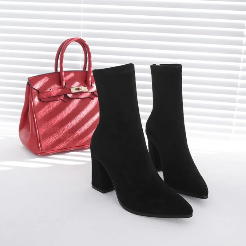 2024 Winter New Thick Heel Suede Pointed Shoes Women's Warm Fashion High Heels Sexy Versatile Short Boots Botte Femme image 2