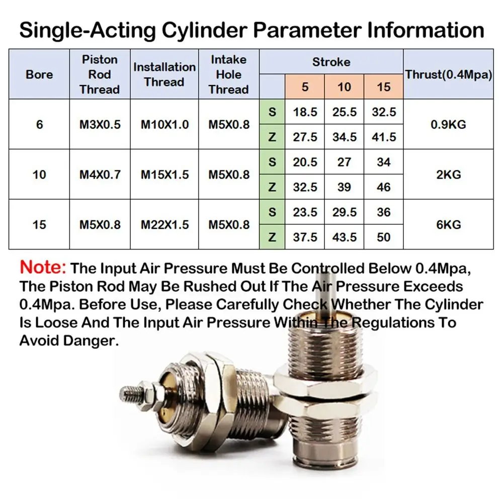 1Pcs Bore 6/10/15mm CJPB Pneumatic Cylinder Stroke 5-20mm SMC Type Thread Pneumatic Cylinder Spring Return Silver Tone