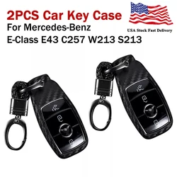 2Pcs Car Key Case With Keychain Carbon Fiber Look Protector Accessories For Mercedes-Benz ​Series  E-Class E43 C257