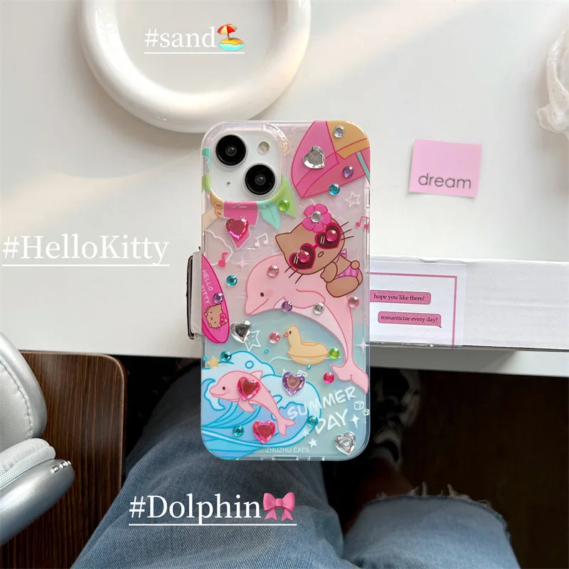 Hello Kitty Sanrio Sunglasses Pink dolphin rhinestone Phone Case For iPhone 15 14 13 12 11 Pro Max case cute cartoon Sweet Cover