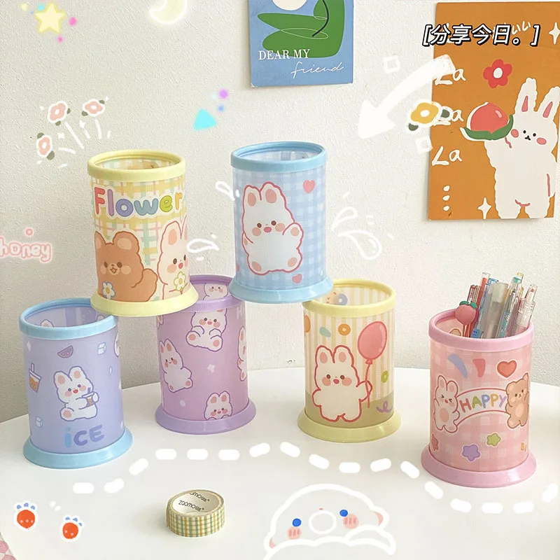 INS Cartoon Round Pen Holder Small Fresh Stationery Storage Box for Student Desktop