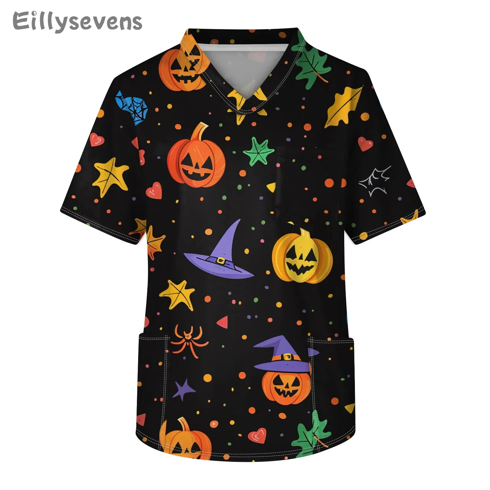 Men's Short Sleeve V-Neck Halloween Print Chest Pocket Care Top Medical Uniforms tops Men's blouse Workwear Clinical Work Wear