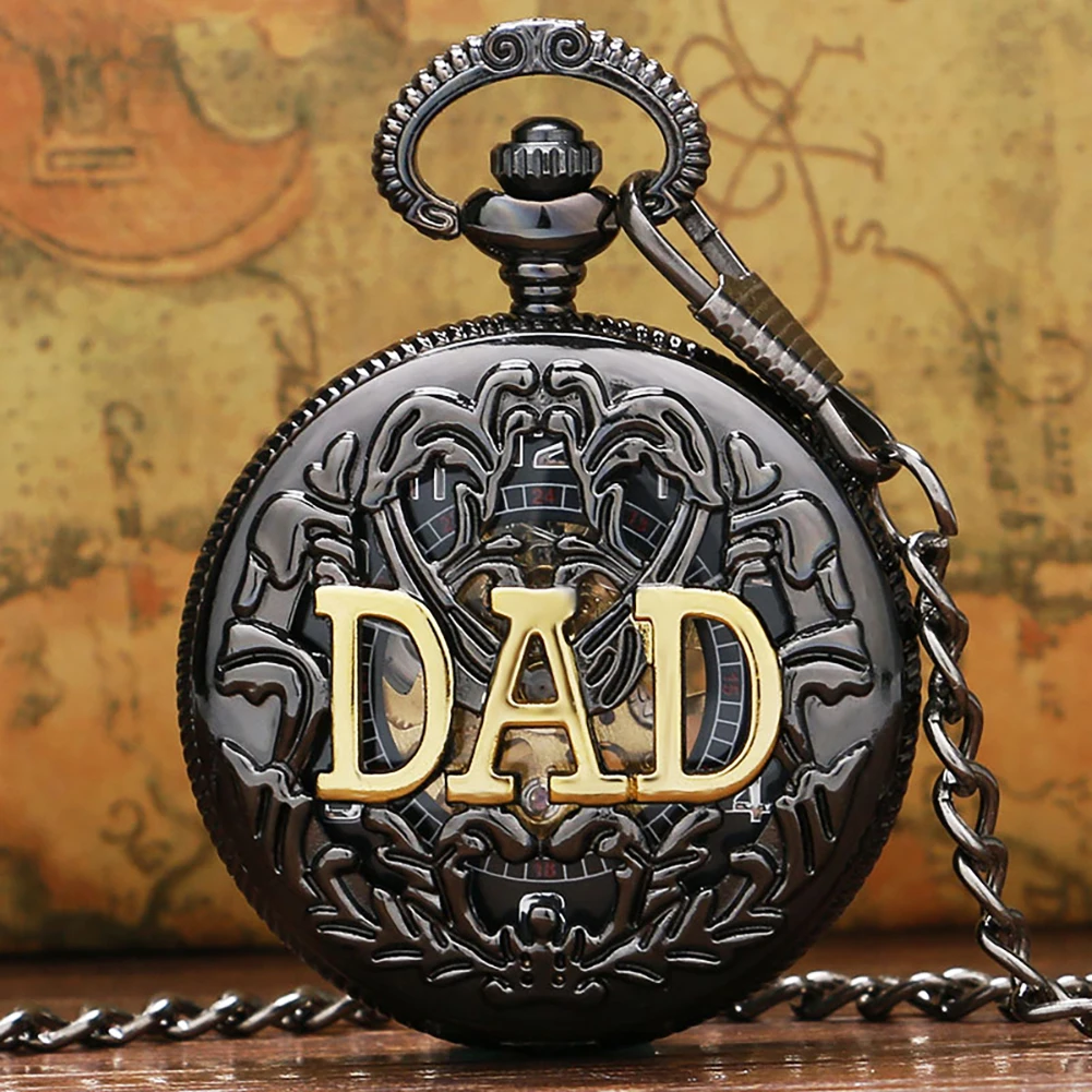 Black Hollow Golden DAD Mechanical Pocket Watch Fob Chain Arabic Numerals Dial Retro Birthday Thanksgiving Xmas Gift for Father