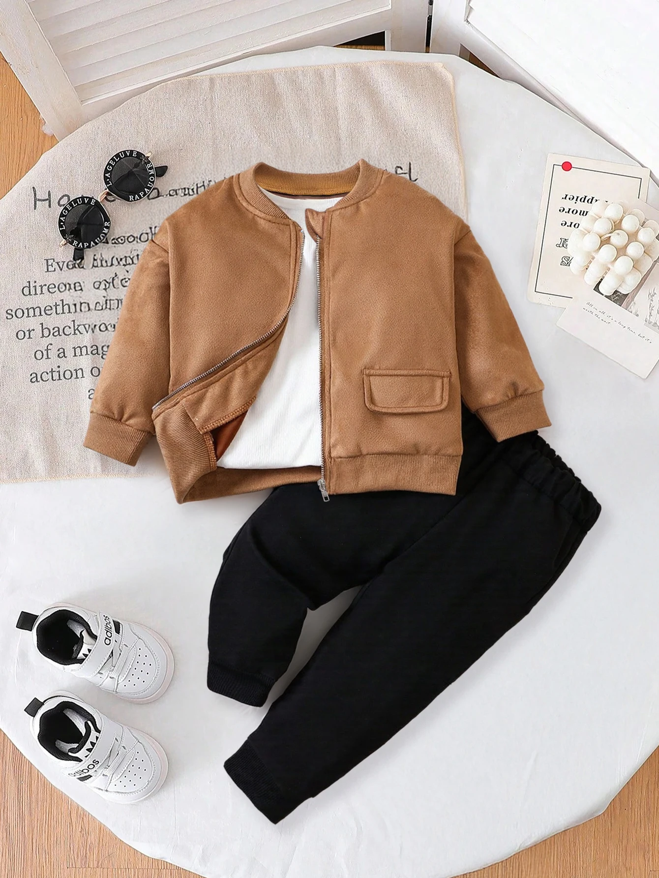 6-9M to 2-3Y Boys Bomber Jacket Set, Solid Brown Stand Collar Zip Coat, Elastic Waist Black Pants, Toddler Fall Daily Outfit