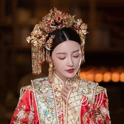 Rich Chinese Classical Red Long Tassel Phoenix Hair Clip  Earrings Jewelry Sets Bride Wedding Xiuhe Clothing Head Accessories