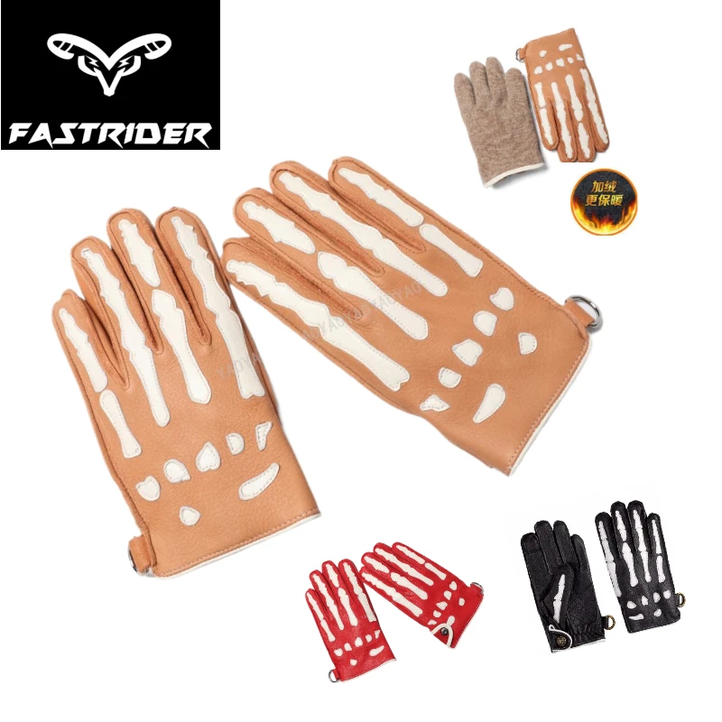 

Genuine Deerskin Skeleton Motorcycle Gloves | Full Finger Thickened with Wool Lining for Winter Riding