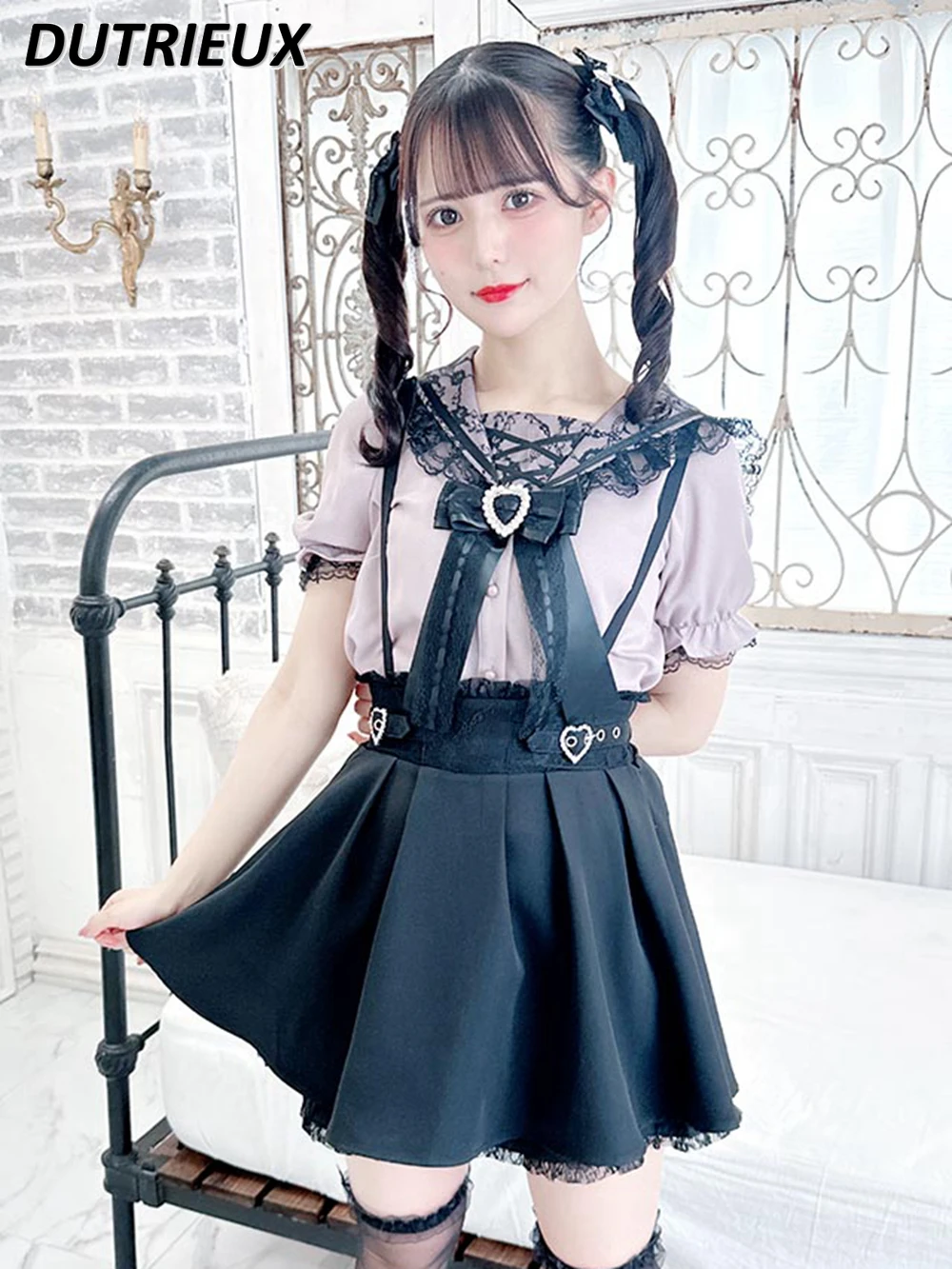 2024 New Japanese Style Summer Women's Tops Lace Navy Large Lapel Casual Blouse Love Pendant Bow Solid Color Short Sleeve Shirt