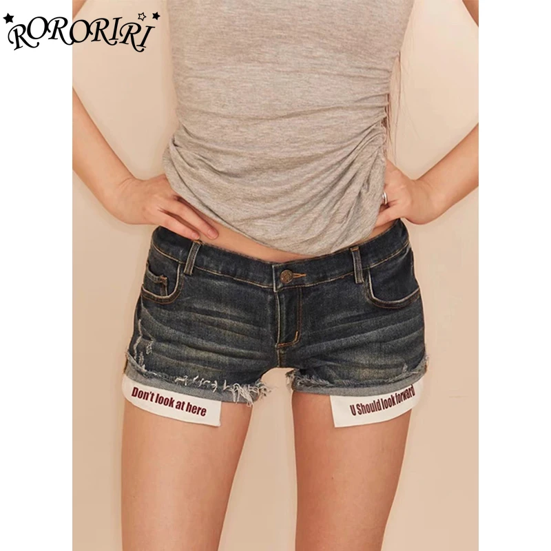 

RORORIRI Серые джинсовые шорты Y2k с буквенным принтом и строчкой, женские потертые джинсы с высокой посадкой, короткие брюки, летняя одежда в стиле ретро