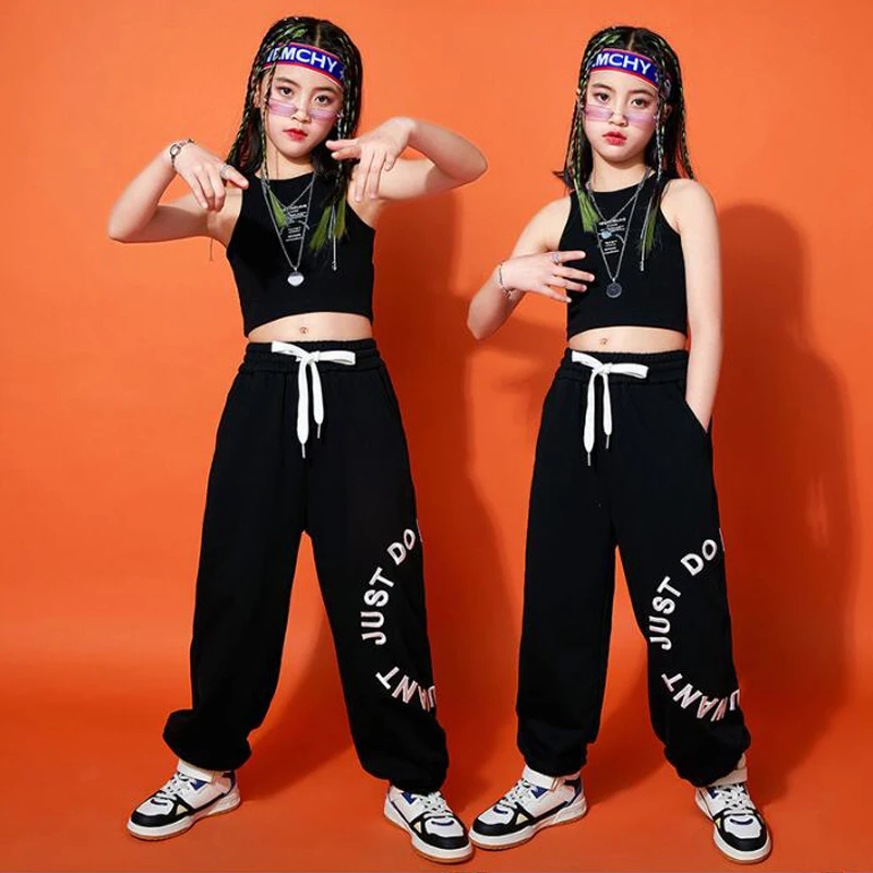 Kids Black Kpop Outfits Teen Hip Hop Clothing Tank Crop Tops Streetwear Sweat Pants For Teenage Girl Jazz Dance Costume Clothes