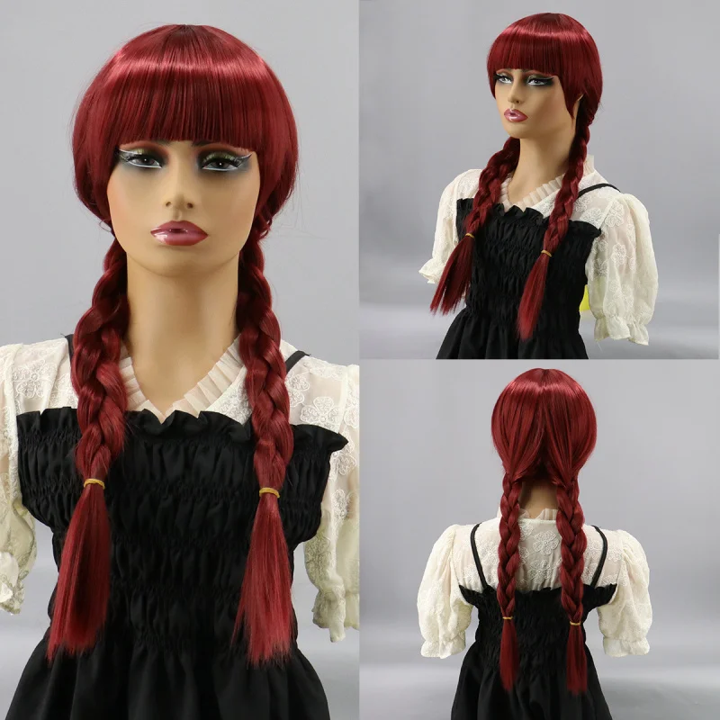 

Новый европейско-американский стиль: длинные волосы с челкой, винно-красные, с двойным косичным хвостом